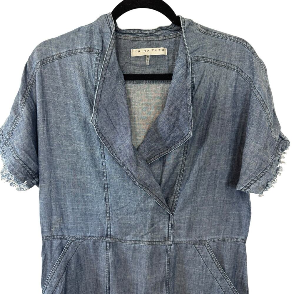 Trina Turk Chambry Lightweight Popover Dress Blue Frayed Hemline Linen Blend M - Picture 3 of 13